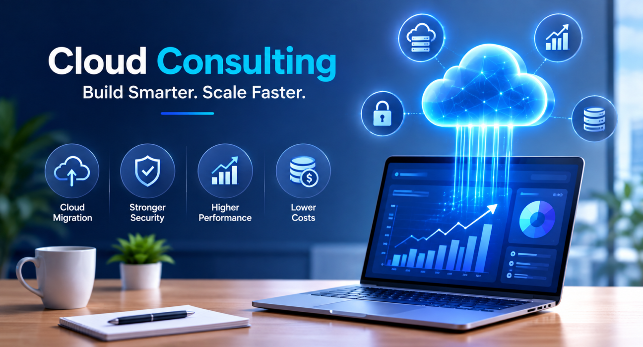 Cloud consulting concept featuring a laptop, cloud infrastructure, data analytics, security, migration, performance, and cost optimization.