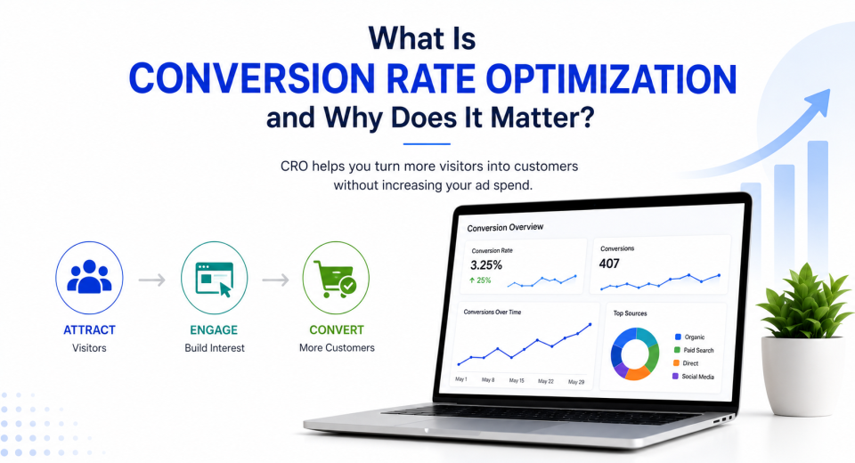 Conversion Rate Optimization infographic showing a marketing funnel, conversion rate metrics, and business growth benefits.