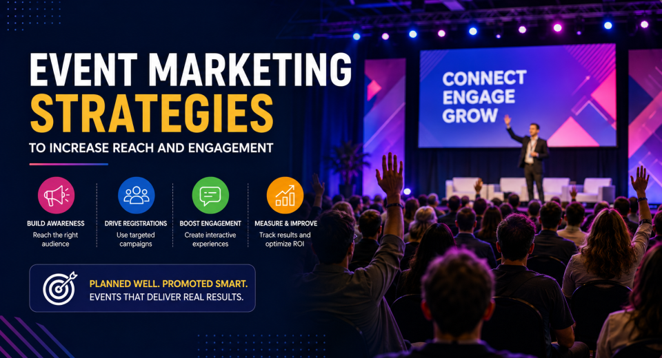 Event marketing strategies for increasing audience reach, registrations, and attendee engagement.