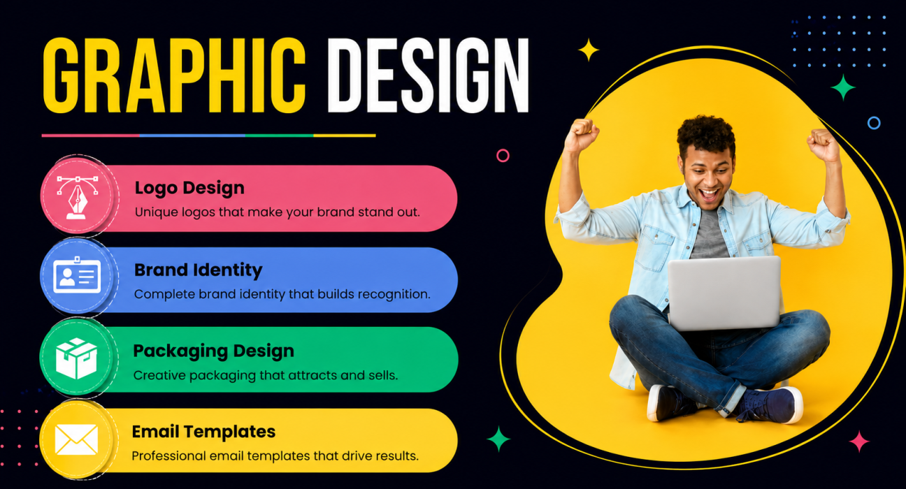 Graphic design services featuring logo design, brand identity, packaging design, and email templates.