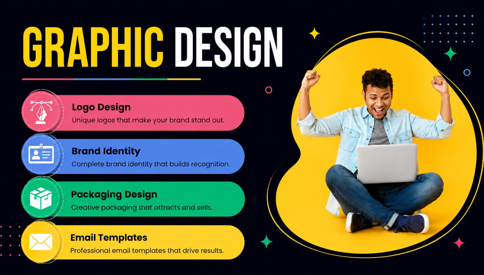 Graphic design services featuring logo design, brand identity, packaging design, and email templates.